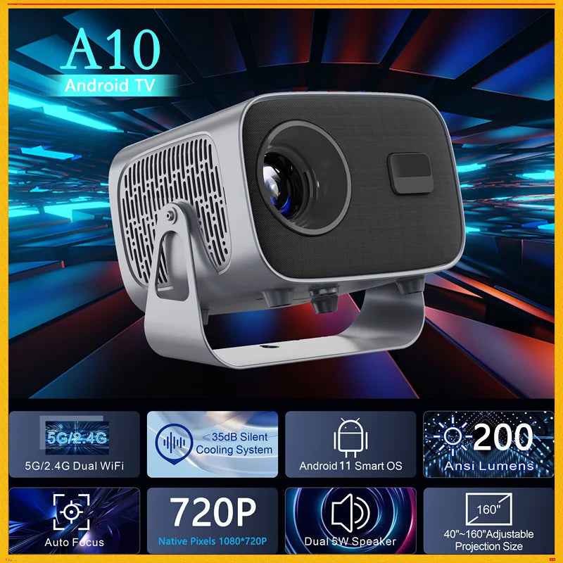 A10 Smart Mini Projector – Android 11, 200 ANSI HD, 360° Keystone, Wi-Fi 5G, Built-in Speaker