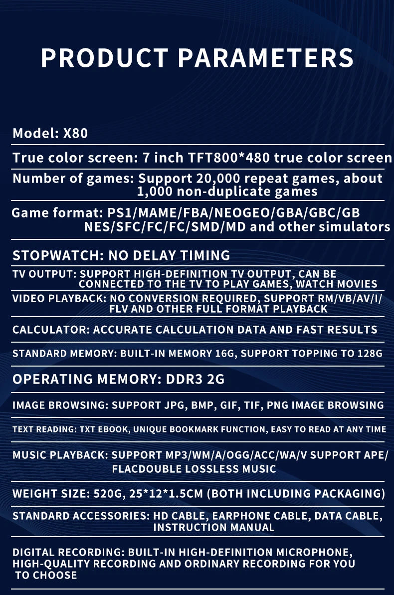 Igralna konzola z velikim zaslonom X80 7-palčni TFT800*480 HD True Color Screen 3000mah ročna igralna konzola rojstnodnevno božično darilo