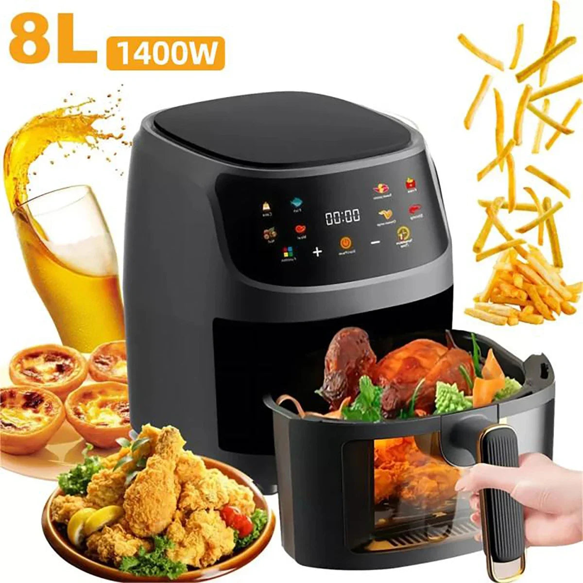 1400W 8L zračna friteza | Pećnica bez ulja, programabilna Smart LED Touch, toplinski ciklus za pomfrit &amp; piletinu