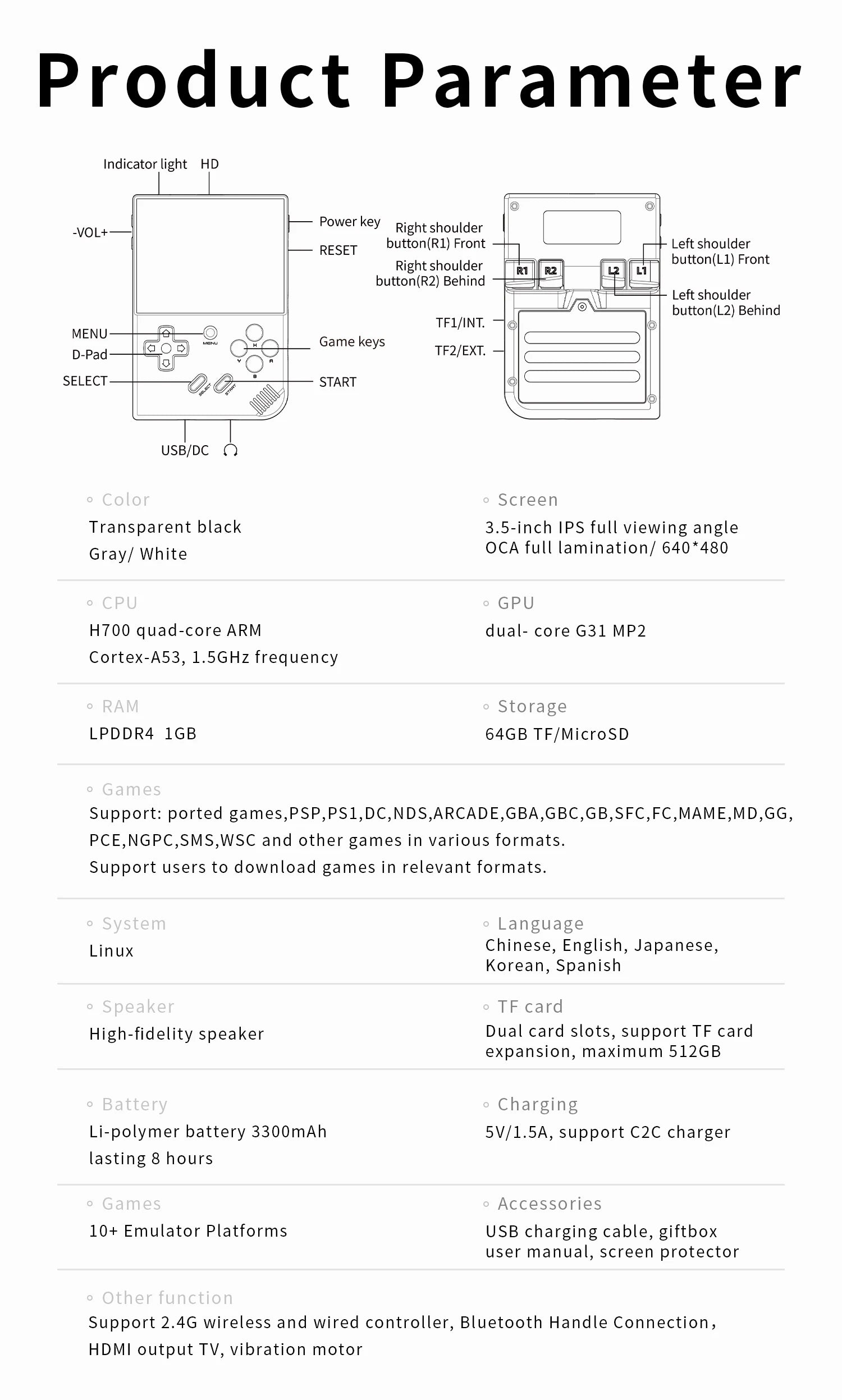 ANBERNIC RG35XX Plus Retro ročna igralna konzola | 3,5'' IPS zaslon, Linux, HD-MI TV izhod, prenosni predvajalnik video iger