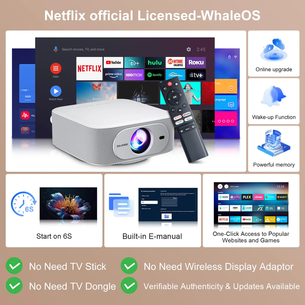 Pametni projektor Salange P92MAX Android 13 – z licenco Netflix, podpora za 4K 