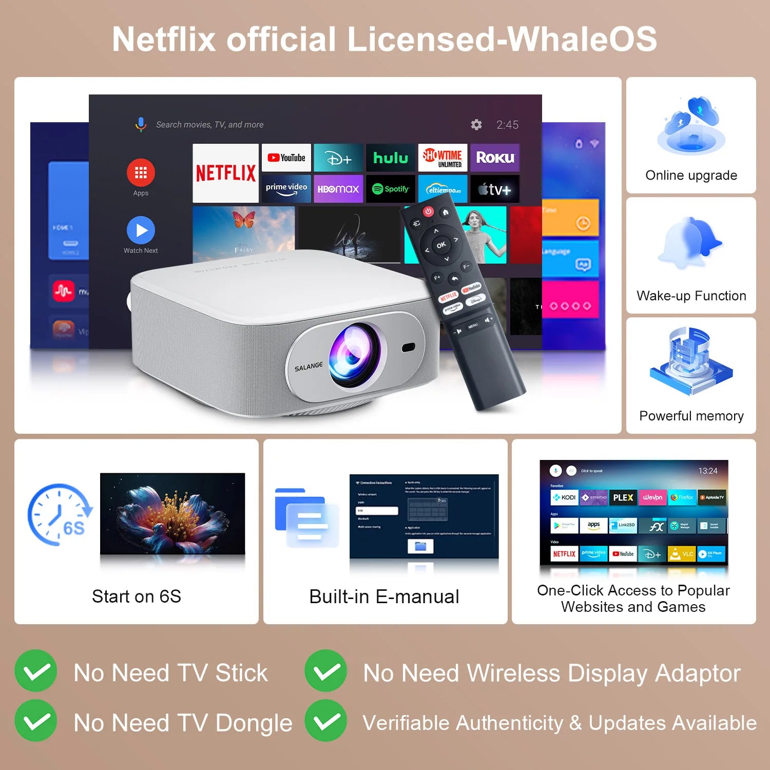 Pametni projektor Salange P92MAX Android 13 – z licenco Netflix, podpora za 4K 