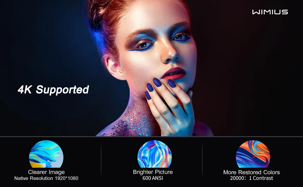 WiMiUS 4K projektor s samodejnim ostrenjem - izvirna ločljivost 1080P z WiFi 6 in Bluetooth 5.2 