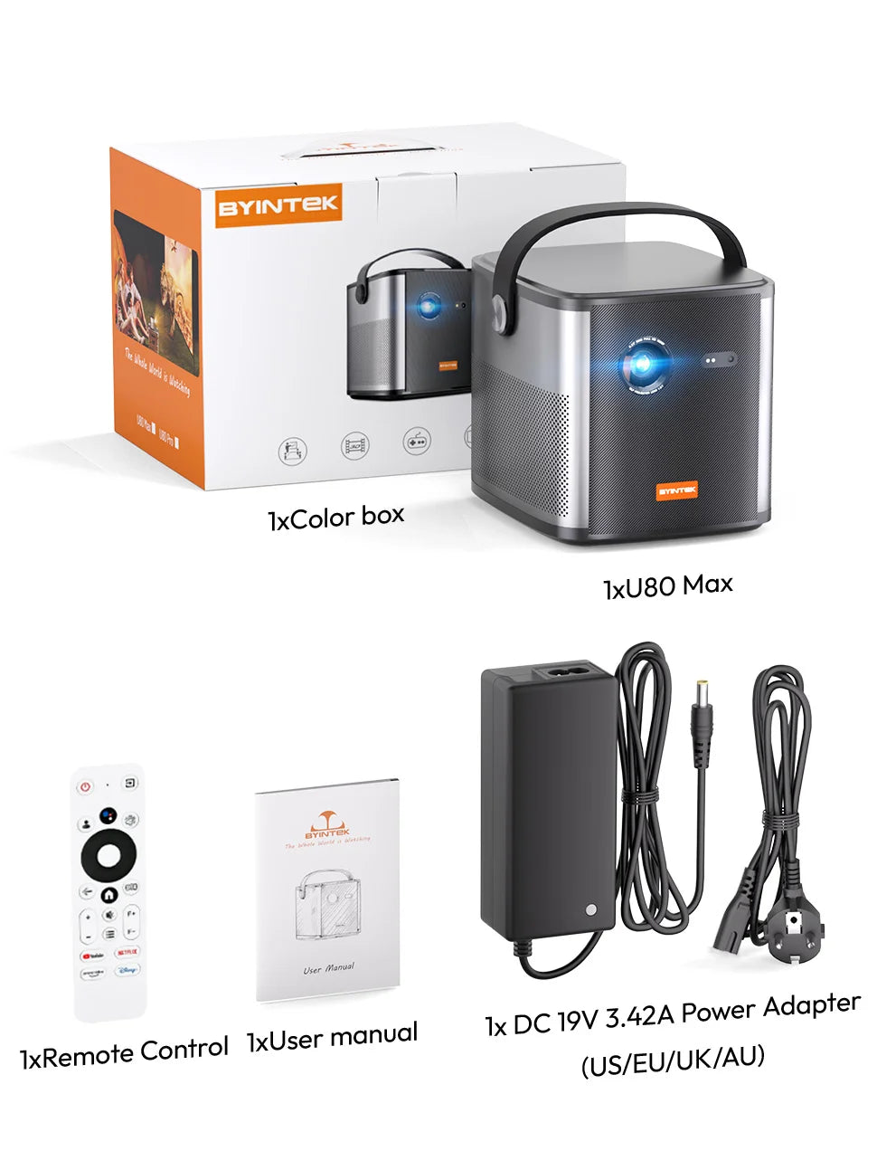 Projektor BYINTEK U80 Max 3D 4K - prenosni domači kino DLP z Androidom 11, WiFi, 1080P HD in vgrajeno baterijo 