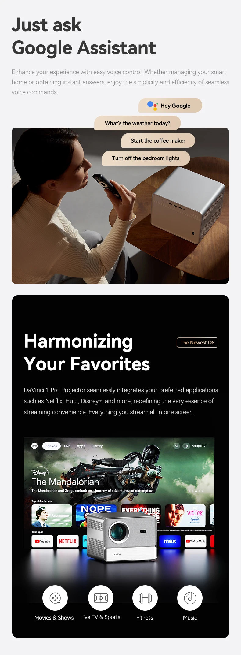 Projektor Wanbo DaVinci 1 Pro Full HD 1080P, 4K, Google TV 11.0, samodejno ostrenje, 5G WiFi, prenosni hišni kino 