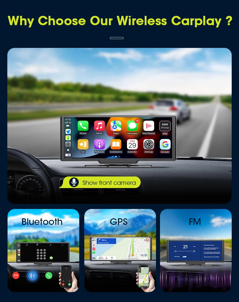 4K Dash Cam 3840x2160P - video snemanje, brezžični CarPlay &amp; Android Auto, 5G WiFi, GPS navigacija, AUX, avtomobilski DVR z dvojno lečo
