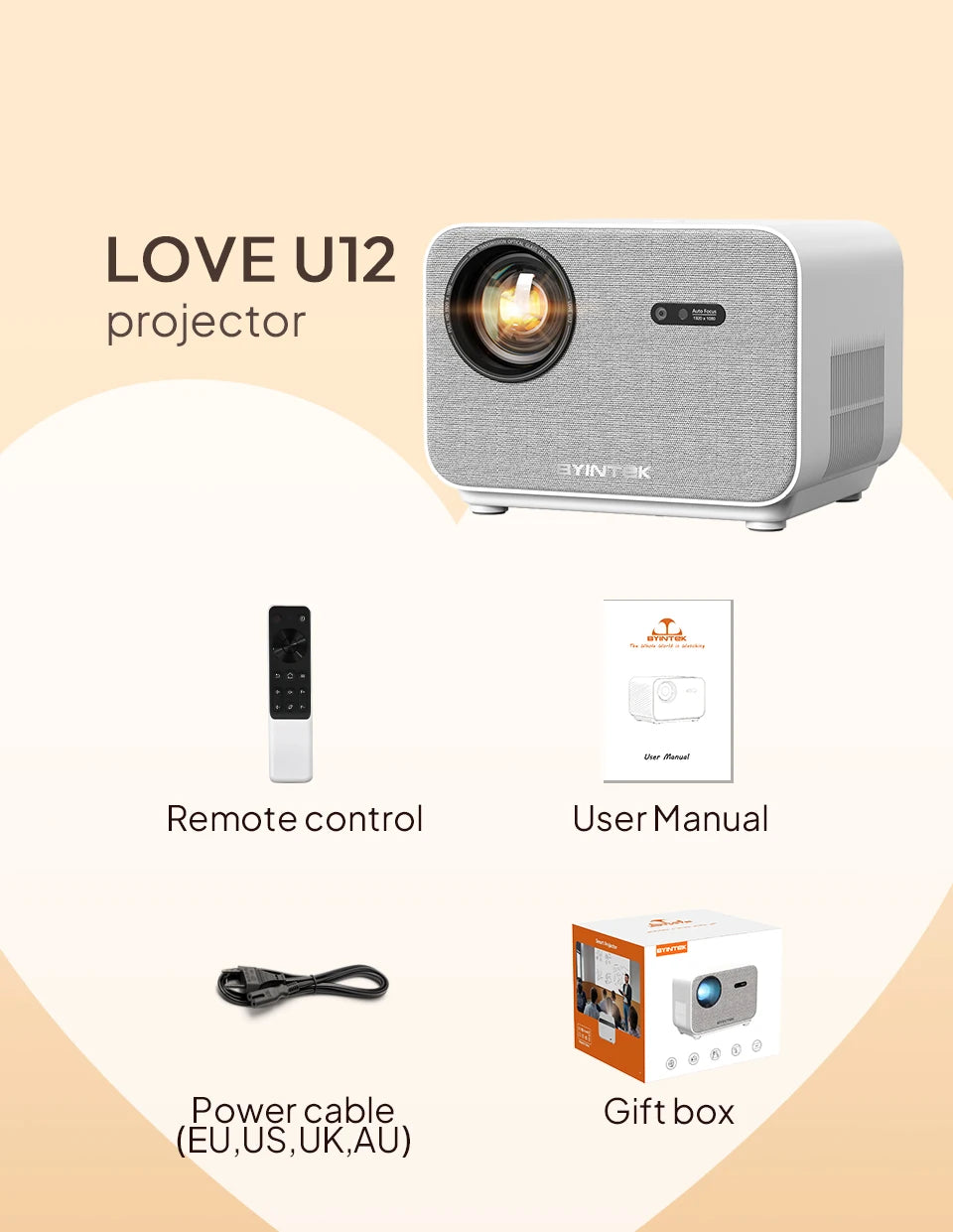 Projektor BYINTEK LOVE U12 Full HD 1080P | Podpora za 4K | 800 ANSI lumnov | WiFi 6 in Bluetooth 5.2 | Android Domači kino