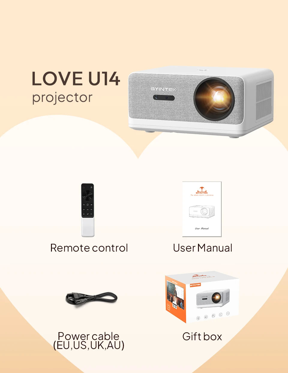Pametni projektor BYINTEK LOVE U14 4K - 1250 ANSI lumnov, Full HD 1080P, WiFi 6, Bluetooth, samodejno ostrenje, pripravljen za domači kino 