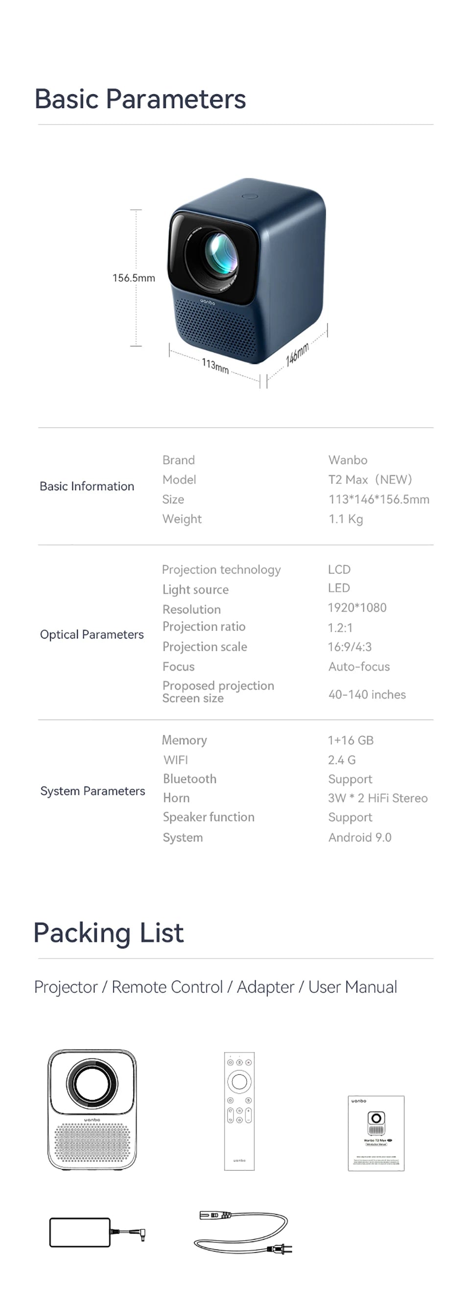 Mini projektor WANBO T2 Max Android 9.0, 1080p Full HD, 450 ANSI, WiFi, prenosni s HiFi zvokom za dom in na prostem 