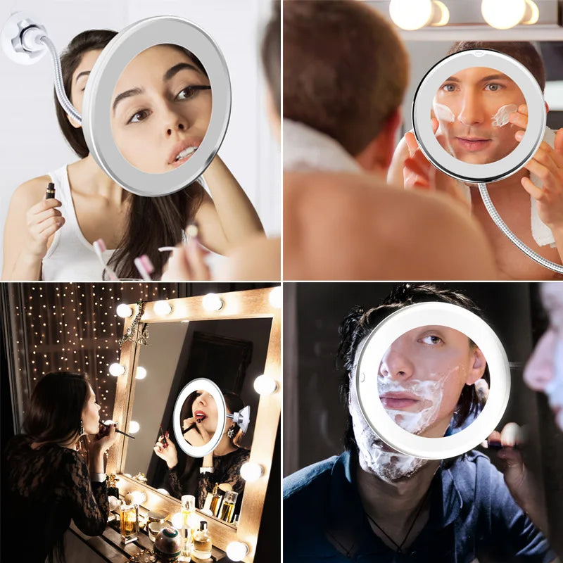 Flexible Gooseneck LED Makeup Mirror | 10X Magnification, Suction Cup, 360° Swivel