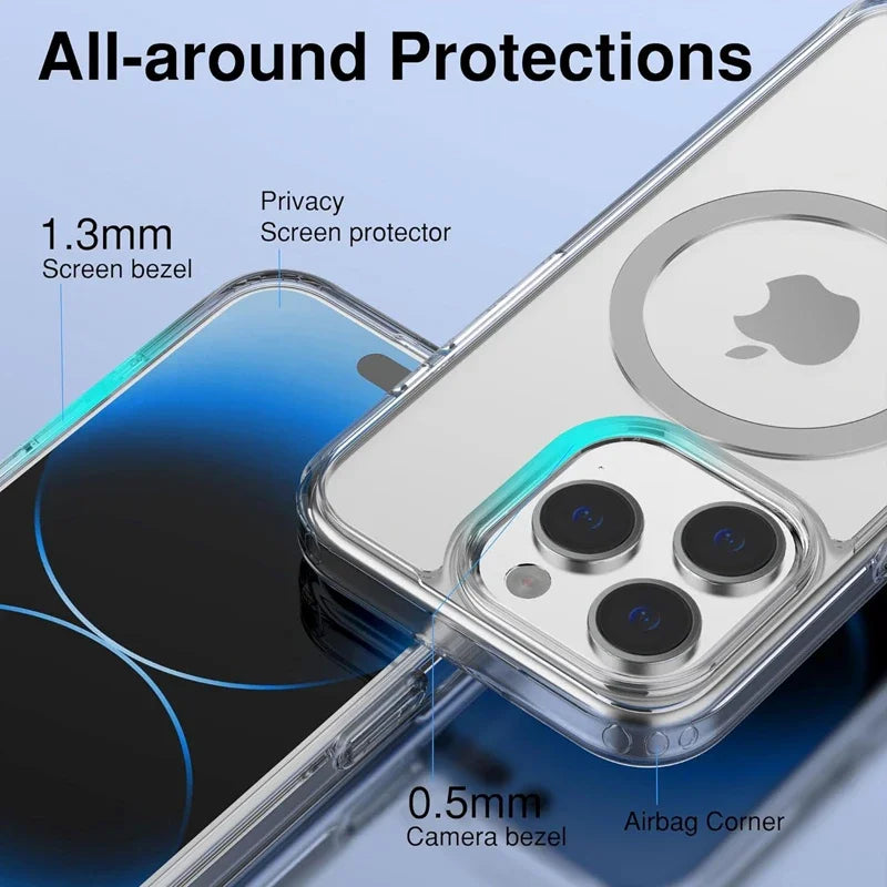 Clear Magnetic Case with MagSafe | Transparent Cover for iPhone 15, 14, 13, 12, 11 Pro Max, Mini, XS Max, XR, SE