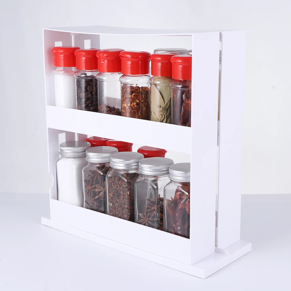 2-Layer Rotating Spice Jar & Bottle Storage Rack | Space-Saving Kitchen Organizer