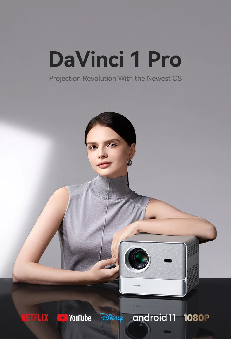 Projektor Wanbo DaVinci 1 Pro Full HD 1080P, 4K, Google TV 11.0, samodejno ostrenje, 5G WiFi, prenosni hišni kino 