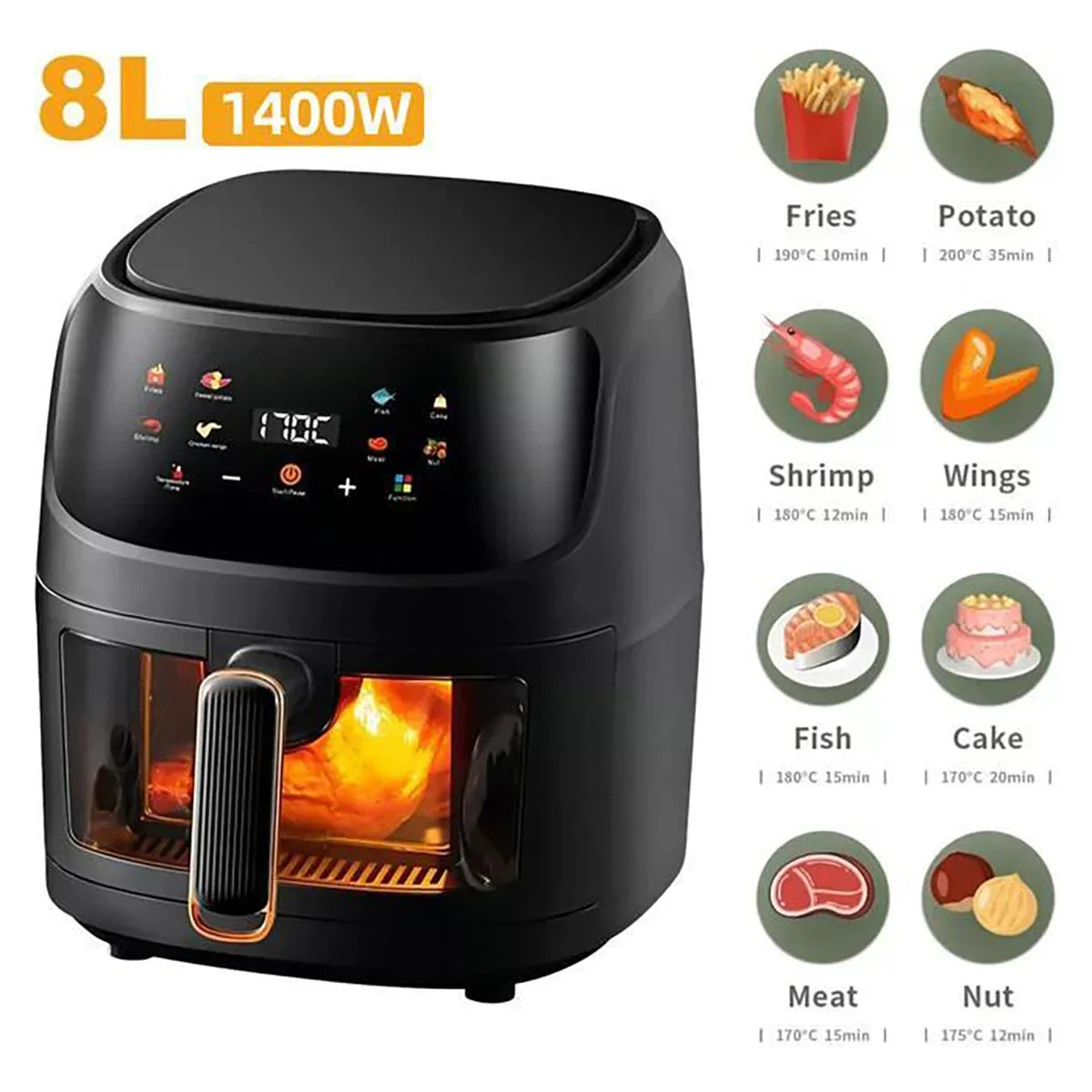 1400W 8L zračna friteza | Pećnica bez ulja, programabilna Smart LED Touch, toplinski ciklus za pomfrit &amp; piletinu
