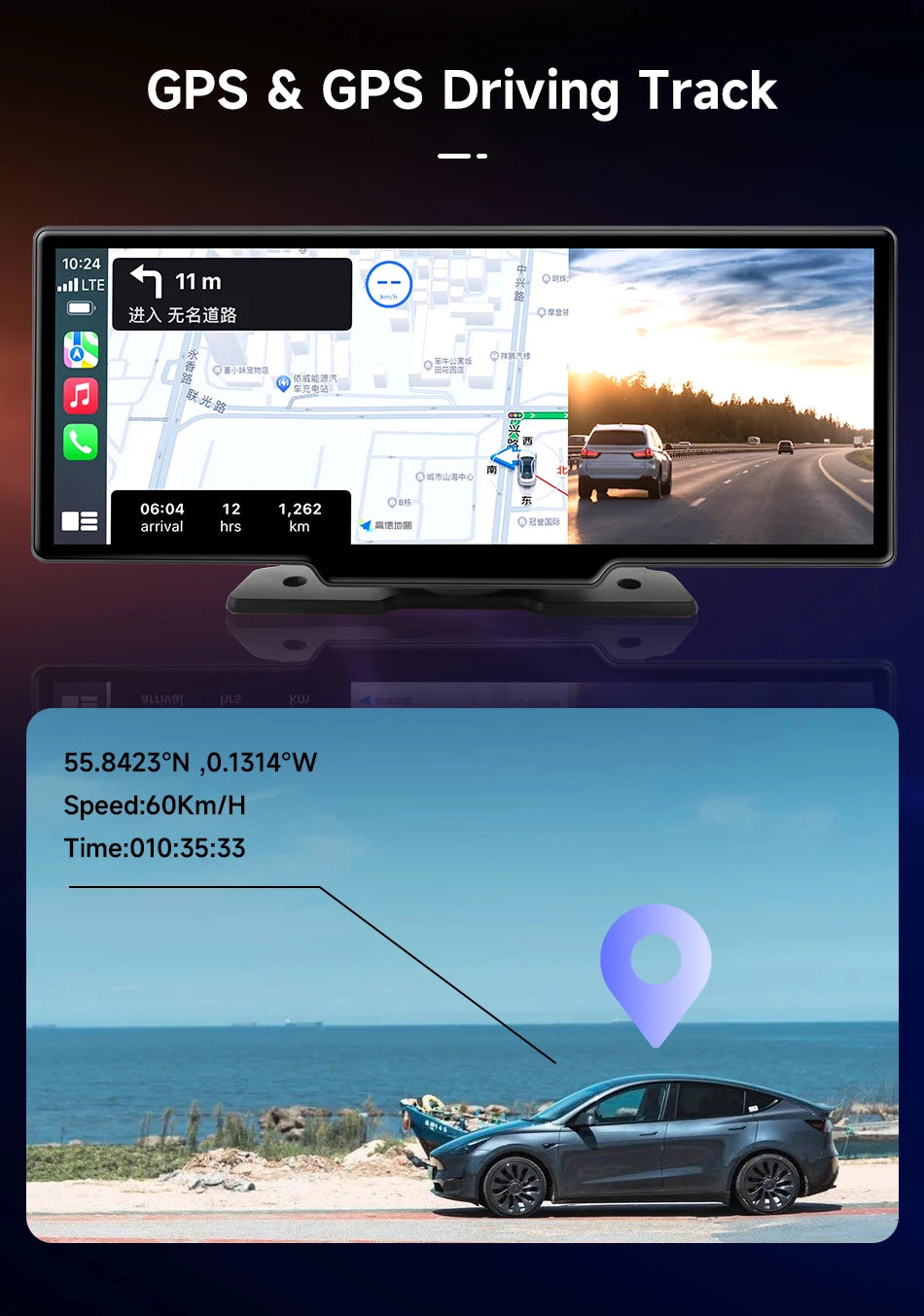 4K Dash Cam 3840x2160P - video snemanje, brezžični CarPlay &amp; Android Auto, 5G WiFi, GPS navigacija, AUX, avtomobilski DVR z dvojno lečo