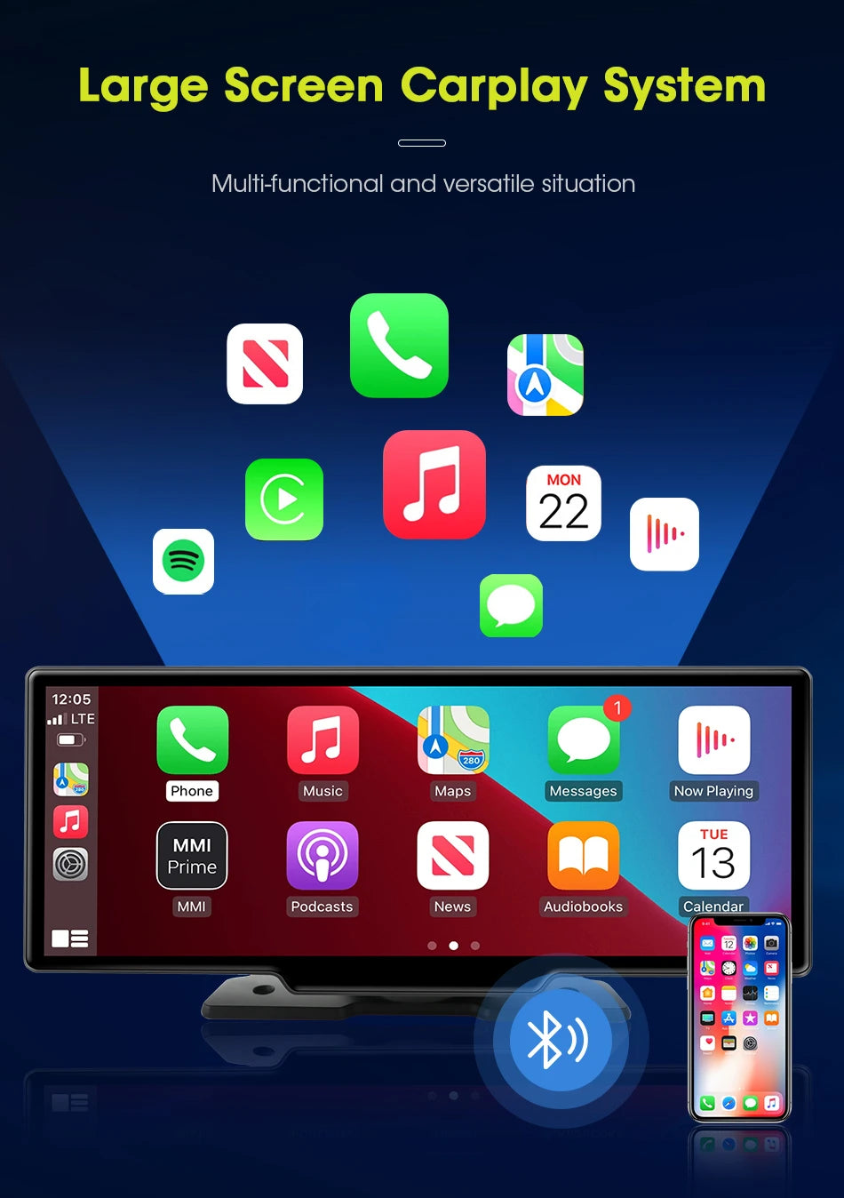 4K Dash Cam 3840x2160P - video snemanje, brezžični CarPlay &amp; Android Auto, 5G WiFi, GPS navigacija, AUX, avtomobilski DVR z dvojno lečo