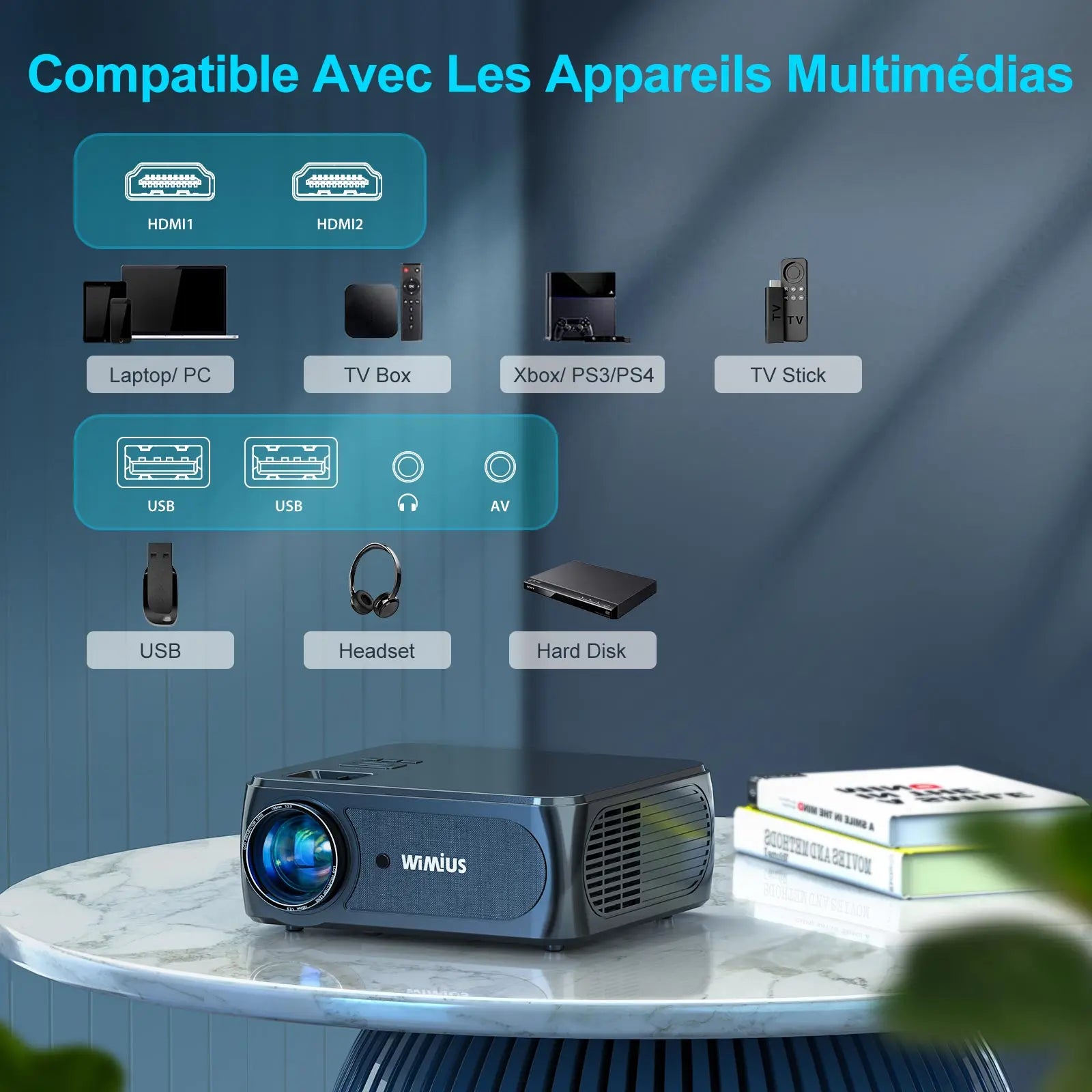 WIMIUS K8 5G WiFi Bluetooth projektor - 9500 lumnov Full HD 1080P, podpora za 4K, 4P/4D Keystone in povečava