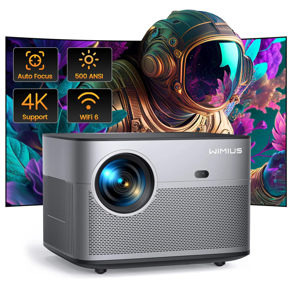 Projektor Wimius P64 Native 1080P Full HD - podpora za 4K, 500 ANSI, 25.000L, WiFi 6, Bluetooth, samodejno ostrenje in trapezni prikaz za zunanji in domači kino