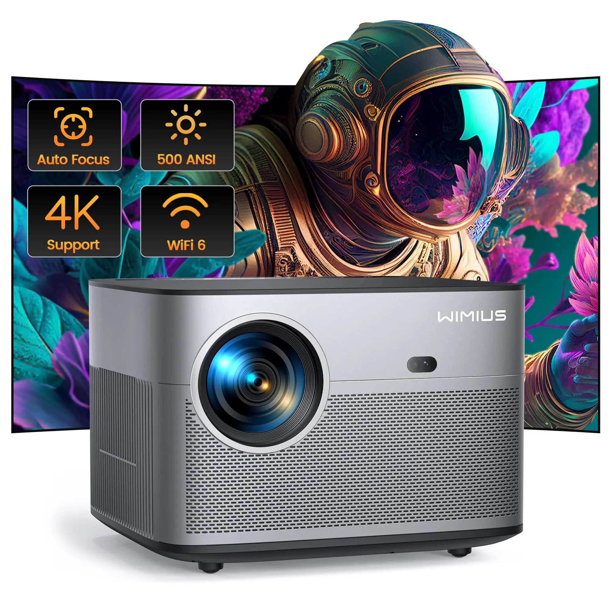 Projektor Wimius P64 Native 1080P Full HD - podpora za 4K, 500 ANSI, 25.000L, WiFi 6, Bluetooth, samodejno ostrenje in trapezni prikaz za zunanji in domači kino