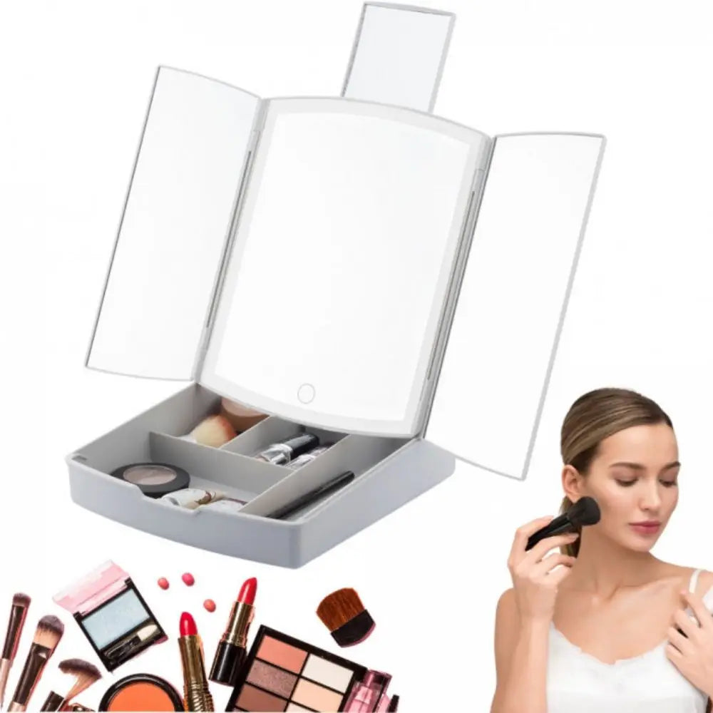 Tri-Fold Light-Up Makeup Mirror | 5-kratna povečava, vgrajena LED, pladenj za shranjevanje