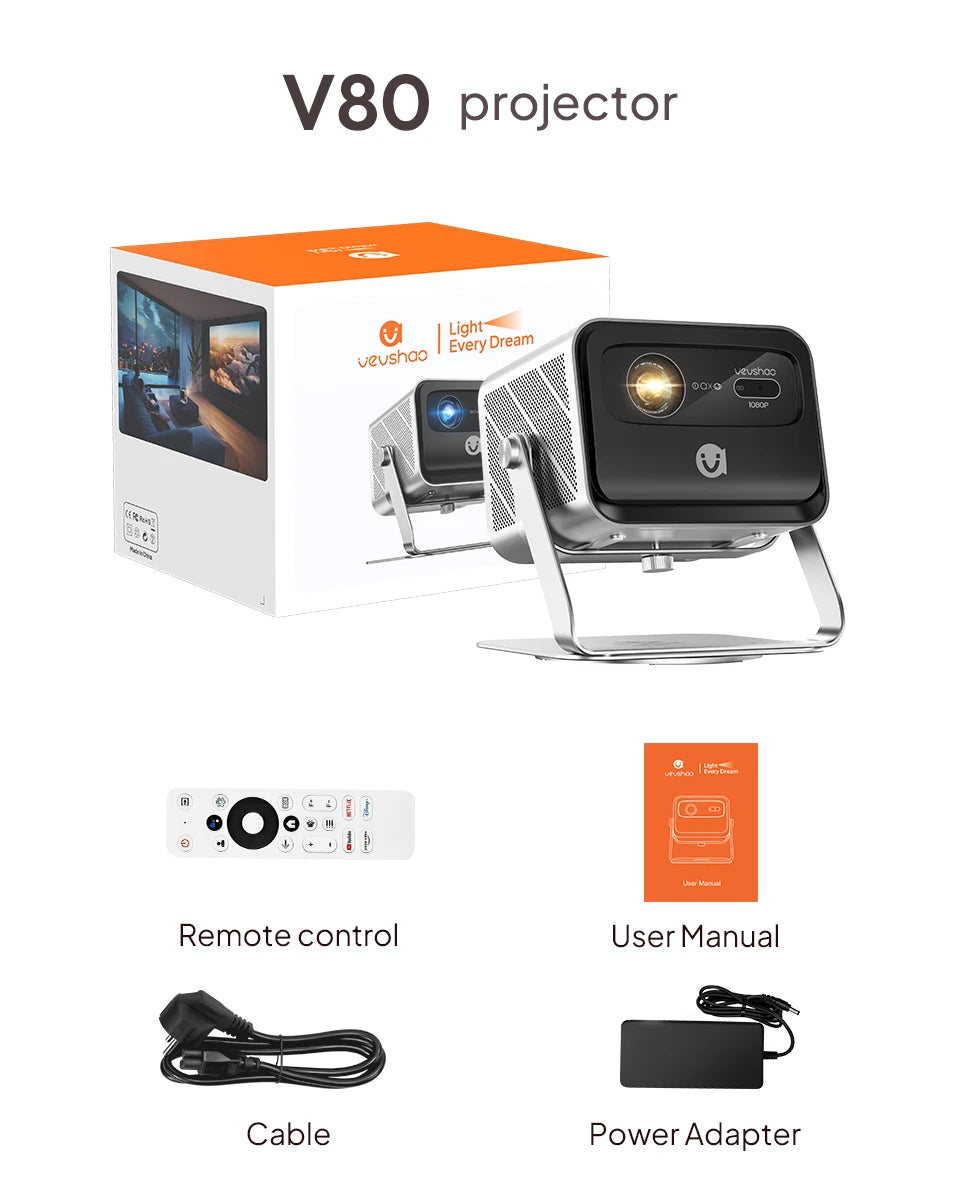 VEVSHAO V80 DLP projektor Full HD 1080P, 2200 ANSI lumnov, Android 11, WiFi 6