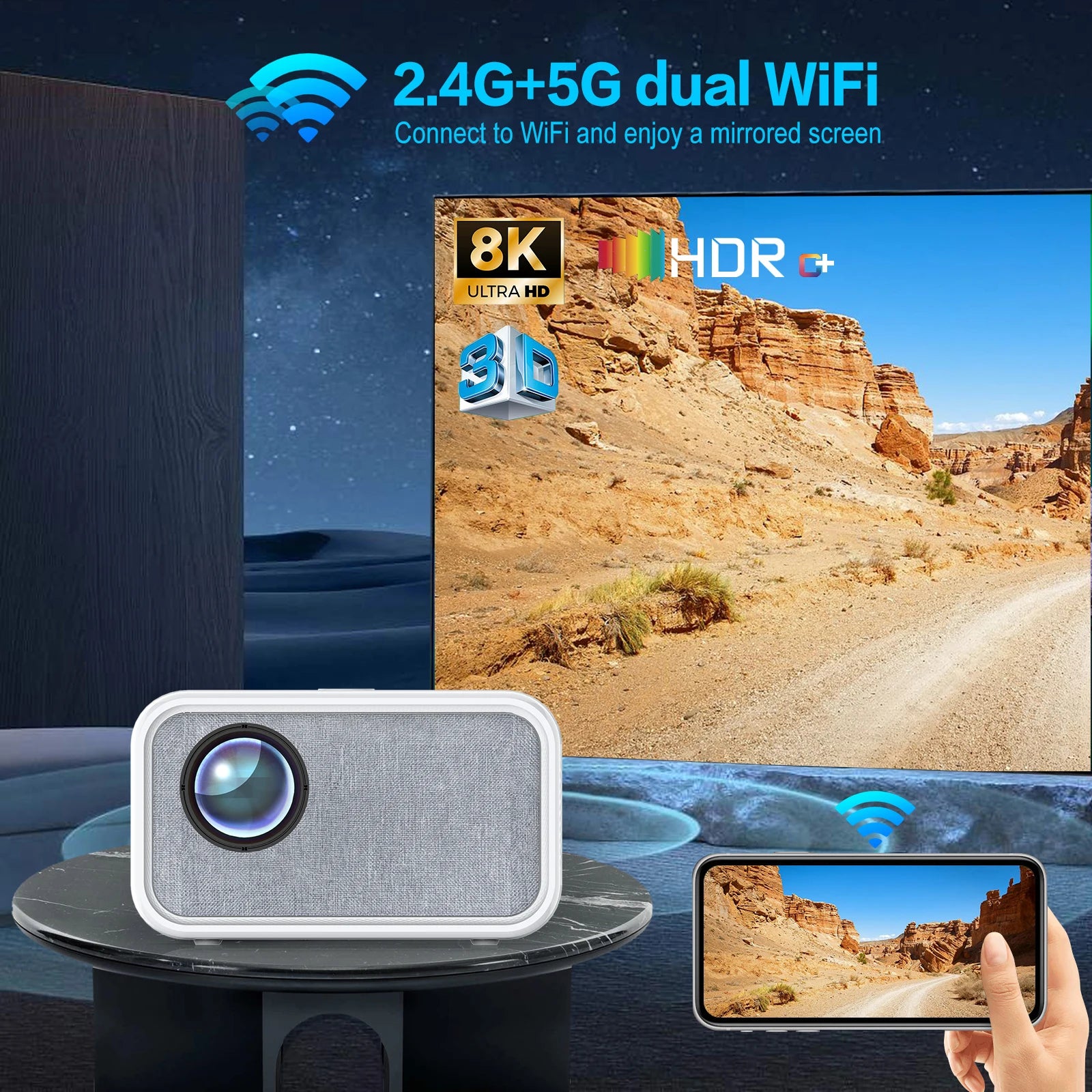 Zunanji projektor Tripsky T5 | 4K, 300 ANSI lumnov, prenosni Android Smart LED, Bluetooth 5.0 za domači kino