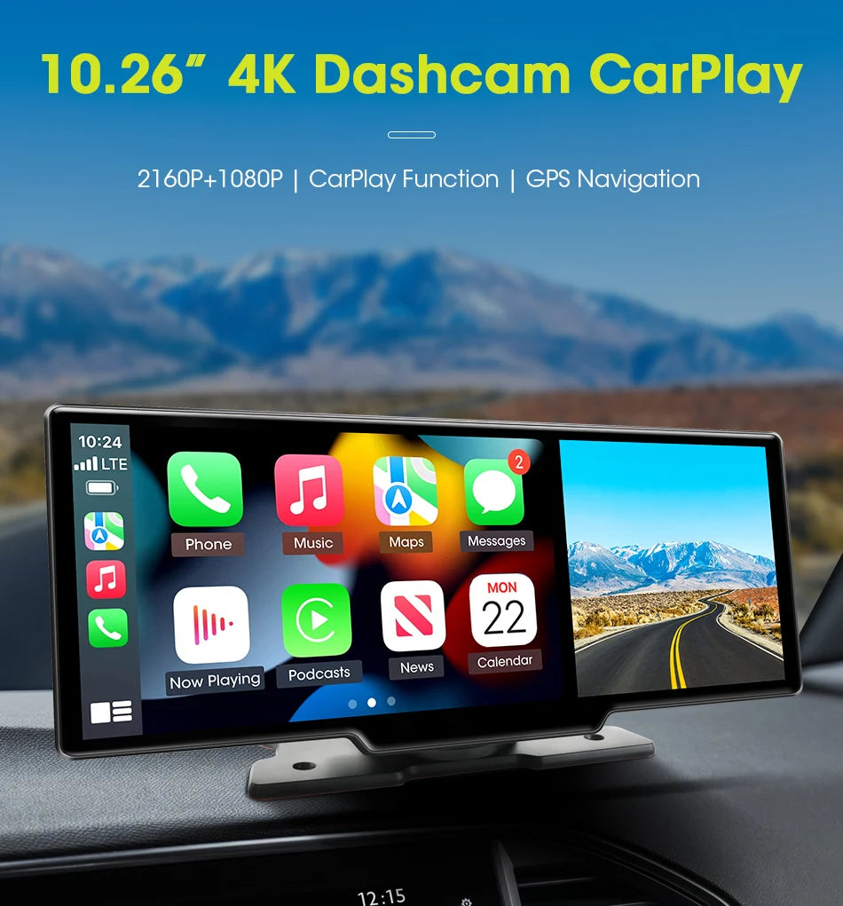 4K Dash Cam 3840x2160P - Video Recording, Wireless CarPlay & Android Auto, 5G WiFi, GPS Navigation, AUX, Dual Lens Car DVR