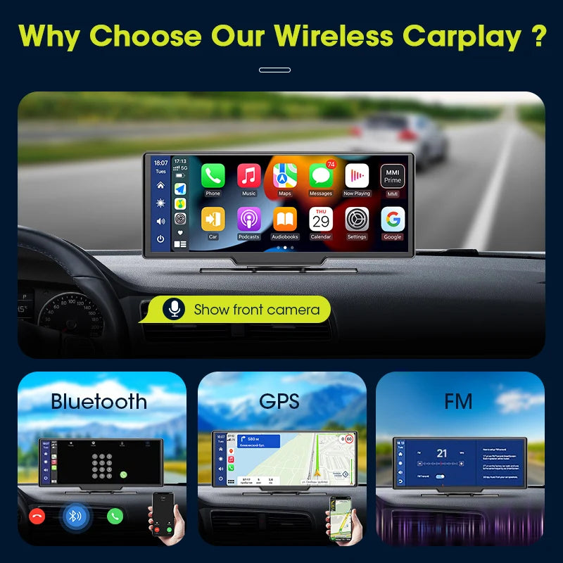 4K Dash Cam 3840x2160P - video snemanje, brezžični CarPlay &amp; Android Auto, 5G WiFi, GPS navigacija, AUX, avtomobilski DVR z dvojno lečo