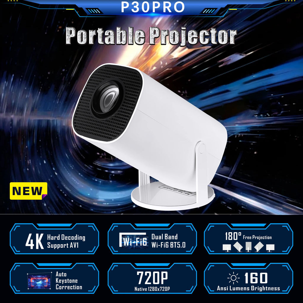 Mini pametni projektor P30 - 4K Ultra HD, Android 11, WiFi 6, BT 5.4, mobilni in igralni domači kino