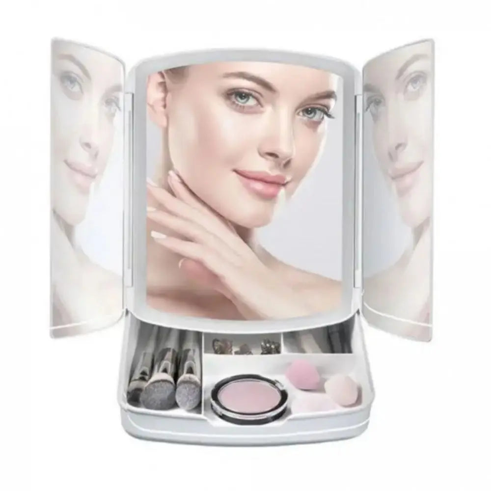 Tri-Fold Light-Up Makeup Mirror | 5-kratna povečava, vgrajena LED, pladenj za shranjevanje