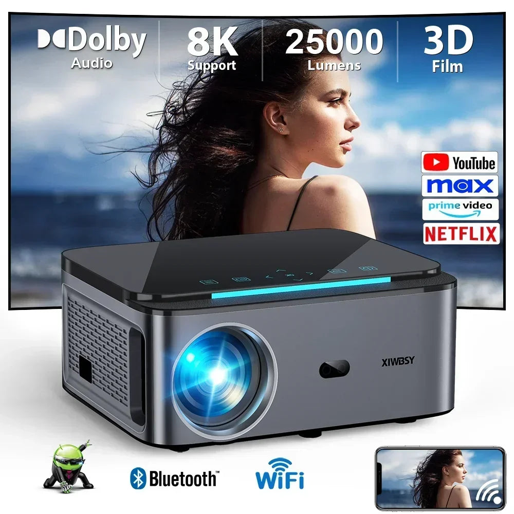 XIWBSY Full HD 1080P projektor 25000 lumnov Wifi6 8K Android projektor 3D Smart Home Theater Cinema Proyector Outdoor Beamer