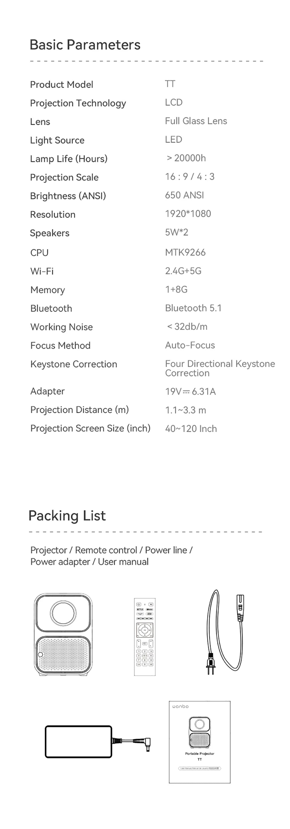 Projektor Wanbo TT Mini projektor s certifikatom Netflix 1080P Linux System, 650ANSI 4K Dolby Audio HDR10 Pametni domači kino 