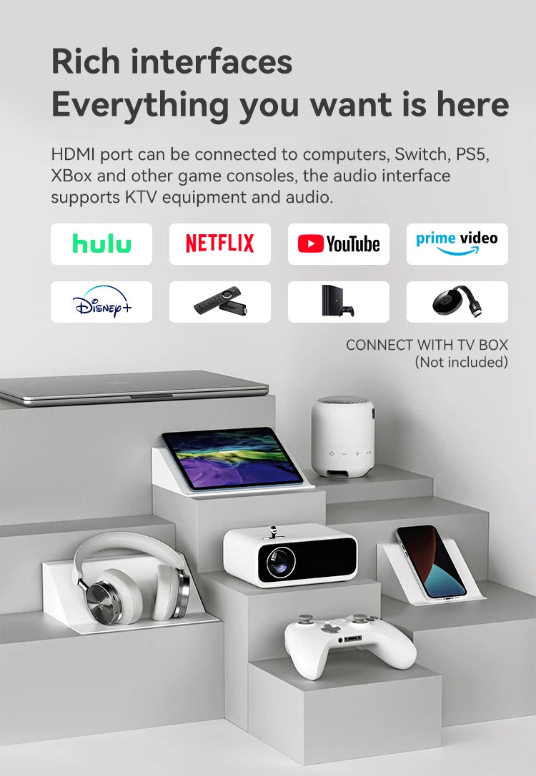 Mini projektor Wanbo - podpora za 4K, 1080P, 5000 lumnov, pametna prenosna zasnova s ​​polno stekleno lečo za domači kino 