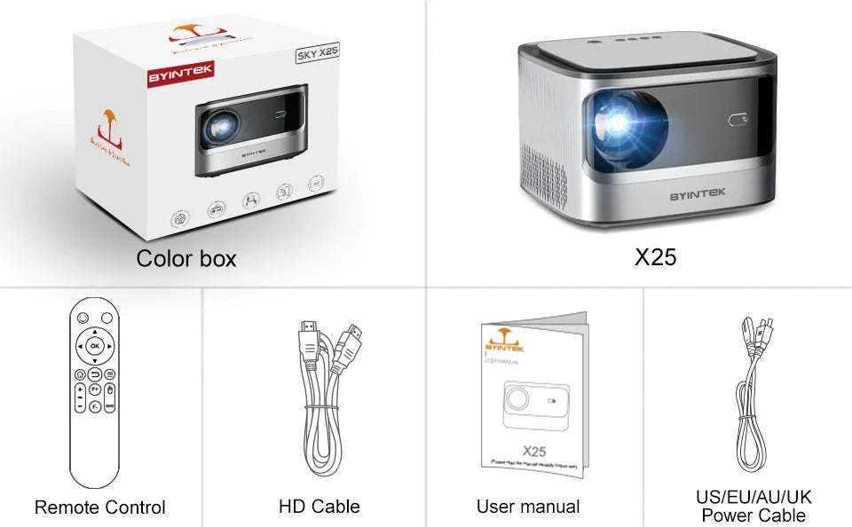 Projektor BYINTEK X25 Full HD 1080P Podpora za 4K, 900 ANSI lumnov, samodejno ostrenje, WiFi, Smart Android 9.0