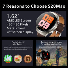 Smart Watch S20 Max 1.62 Inch - Bluetooth Calls, Compass, NFC, AI Voice Functions, Wireless Charging, Sports, and Fitness Tracking for Men