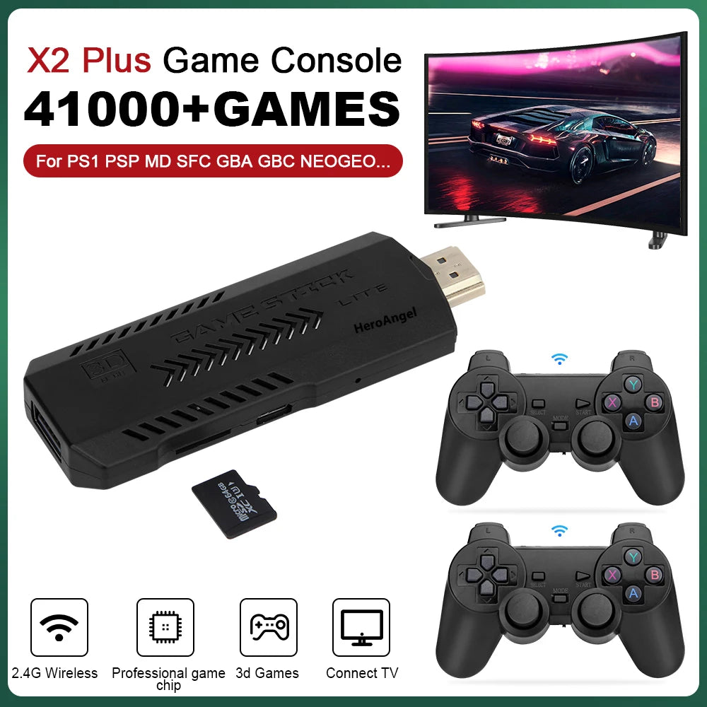 X2 Plus Retro Video Game Console 3D TV Game Stick 2.4G Wireless Controller HD-Out 40000Games For PSP/N64/PS1 iTrade.si